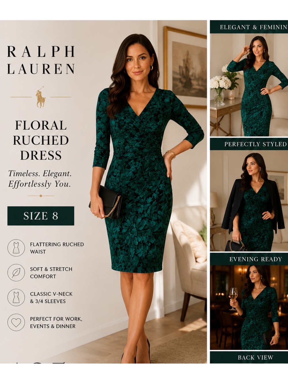 Lauren Ralph Lauren Emerald Green Floral Ruched V-Neck Long Sleeve Dress